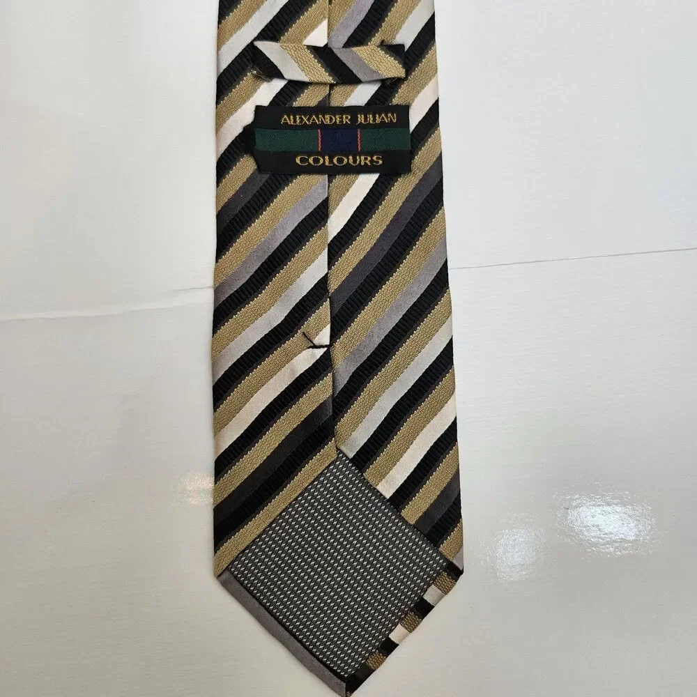 VTG 90s ALEXANDER JULIAN COLOURS Neck Tie Mens 100% Silk Gold Black Striped 3.8